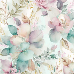Pastel watercolor flowers with stems and leaves. Watercolor art background.
