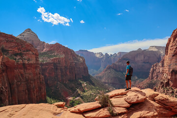 Obraz premium Rear view of man standing at the cliff edge enjoying view from Zion National Park Canyon Overlook, Utah, USA. Adventure seeker embraces nature beauty. Tranquil and majestic atmosphere in wilderness