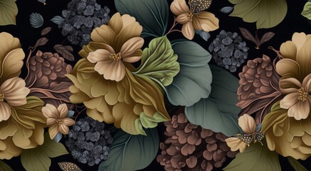 Floral seamless pattern with vintage hydrangea flowers, leaves, fireflies. Luxury 3d illustration. Premium wallpaper. Glamorous art. Bronze texture, dark background. Fabric printing, Generative AI
