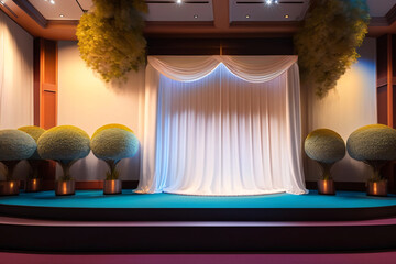 A stage with a white curtain and Yellow & red flower decoration D