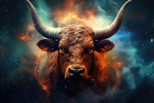 Astrology calendar. Taurus magical zodiac sign astrology. Esoteric horoscope and fortune telling concept. Taurus zodiac in universe. Generative Ai