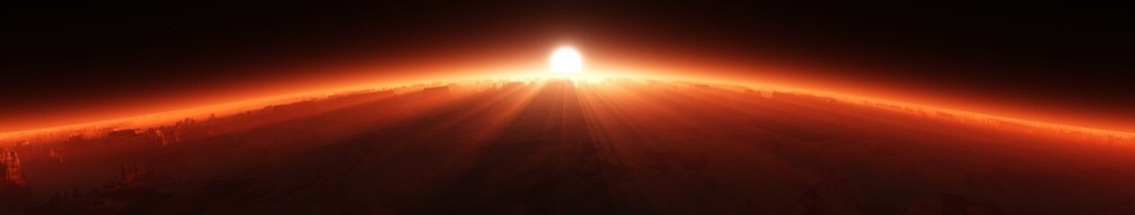 Star rising over the planet, mars at sunrise, martian sunset from orbit, 3d rendering © ustas