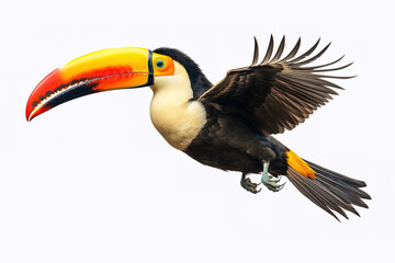 Naklejka premium Image of a toucan with spread wings in flight on a white background. Wildlife. Bird. Illustration, Generative AI.