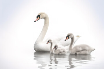 Image of family group of swans on white background. Birds. Wildlife Animals. Illustration, Generative AI.