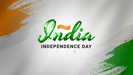 Happy India Independence Day greeting animation 2023, lettering text with waving flag background and fireworks splash, Happy Independence India concept, for banner, social media feed wallpaper stories