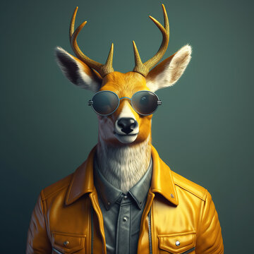Image of a deer wore sunglasses and wore a leather jacket on clean background. Wildlife Animals. Illustration, Generative AI.