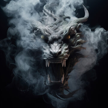 Image of an angry dragon face with fire smoke on black background. Mythical creatures. Illustration, Generative AI.