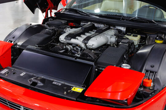 Parma, Italy - 5 march 2023: Engine of a Ferrari 456 with an Open Hood
