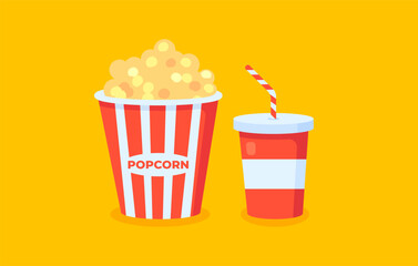 Vector illustration of popcorn with drink. Food for watching a movie in a theater