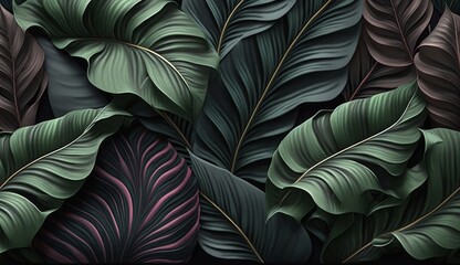 Luxury texture, premium wallpaper, mural. Seamless pattern, green tropical leaves. Dark background, 3d illustration, watercolor technique. Digital wall art, paper, fabric printing, Generative AI