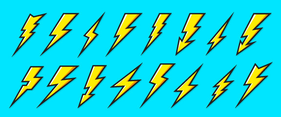 Electric lightning yellow comic sign on blue sky background. Weather climate storm flash thunderbolt cartoon symbol. Strength thunder bolt pop art icon set. Danger voltage energy power charge concept