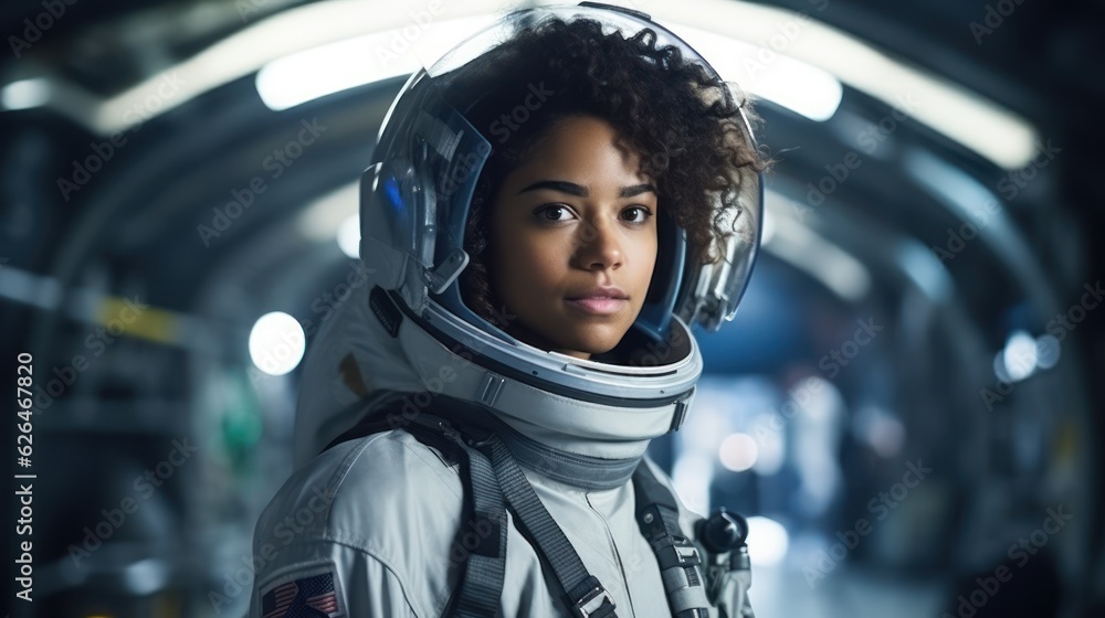 Poster portrait of female astronaut wearing spacesuit in the spaceship. generative ai