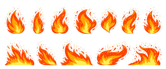 Fire flat icon set. Blaze danger warning symbol. Different shapes of abstract orange campfire fiery flame with sparks isolated on white background. Red hot bonfire flaming fuel power energy clipart