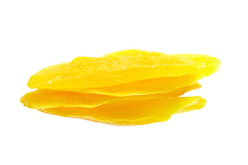 Dried mango slices isolated on white background. Stack of dehydrated fruit chips. Candied mango