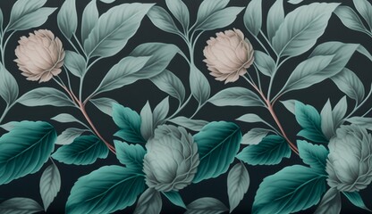 Botanical seamless pattern with vintage graphic mint peony leaves. Hand-drawn illustration. Good for production wallpapers, cloth and fabric printing, Generative AI