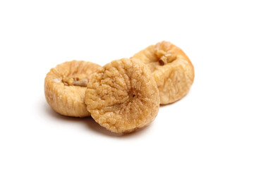 Dried fig fruits isolated on white. Three sweet sundried figs