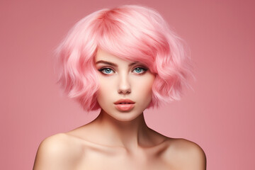 young woman with beautiful pink short hair on pastel pink background
