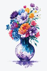A watercolor painting of a vase with flowers and leaves