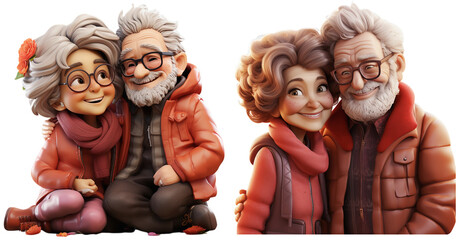 Cartoon illustration of a modern and sporty older couple in love, on a transparent background, Generative AI