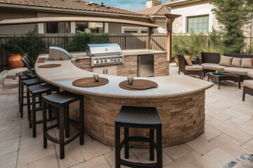 Fototapeta premium An outdoor entertainment area with a built-in barbecue and a bar setup, generative AI