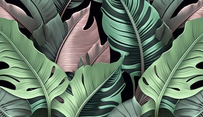 Tropical exotic seamless pattern. Beautiful textured pastel palm, banana leaves. Hand-drawn vintage 3D illustration. Glamorous abstract background design. Good for luxury wallpapers, Generative AI