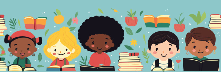 Inspiring Learning Environment of Joyful First Graders Bright, Diverse Kids Exploring Books in Flat Vector Illustration for International Literacy Day