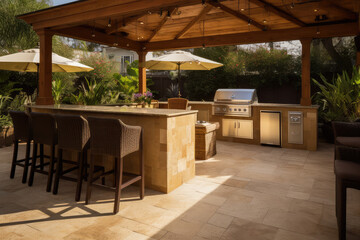 Fototapeta premium An outdoor entertainment area with a built-in barbecue and a bar setup, generative AI