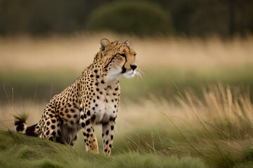 Naklejka premium cheetah in the savannah, ready to prone - Generative AI