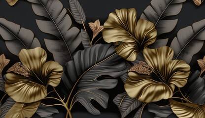 Golden hibiscus flowers, vintage palm, banana leaves on grey background. Tropical seamless pattern. Hand-drawn premium 3D illustration. Glamorous exotic art. Good for luxury wallpapers, Generative AI