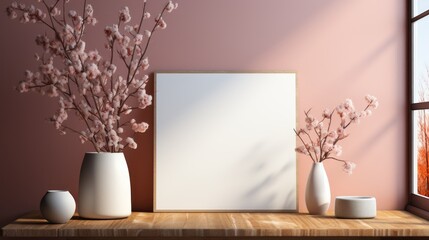 Mockup of a white blank frame on the table. Beautiful modern minimalist decor. morning light