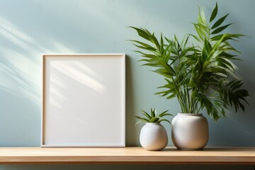 Fototapeta na wymiar Mockup of a white blank frame on the table. Beautiful minimalist decor. Green plant decoration. morning vibes