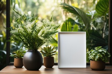 Mockup of a white blank frame above the table. Beautiful minimalist decor. Green plant decoration