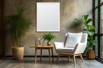 Mockup of a white poster frame on the wall. chair and Green plant decoration beside window