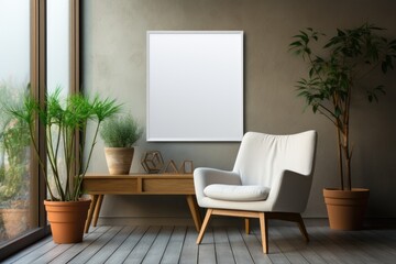 Mockup of a white poster frame on the wall. Modern minimalist interior with beautiful decor. Green plant decoration beside window