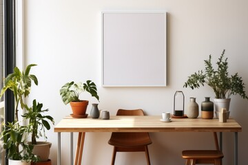Mockup of a white poster frame. Modern minimalist interior with a beautiful decoration