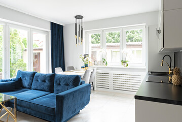 Studio apartment with kitchen, navy blue sofa and table and chairs . Luxurious room with modern...