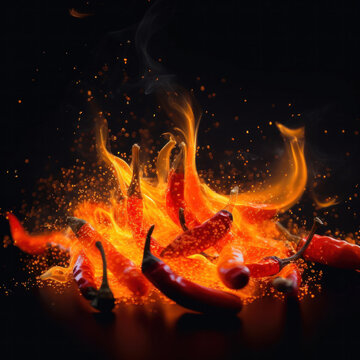 This red hot chili pepper with yellow and red flames is a visual representation of the heat and spice it brings to any dish. Get ready to ignite your taste buds AI Generative.