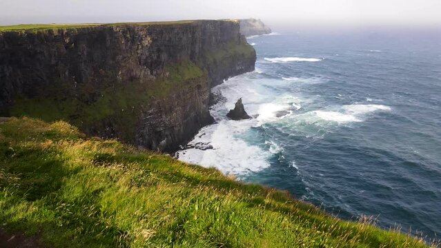 Scenic aerial view of Cliffs of Moher at sunrise in Ireland at summer morning