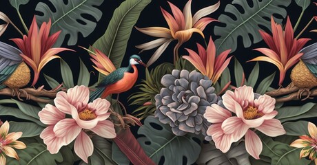 Obrazy  Tropical seamless pattern with exotic leaves, strelitzia flowers, hibiscus and plumeria. Vintage texture, floral background. Dark watercolor 3d illustration. Luxury wallpapers, tapestry, Generative AI