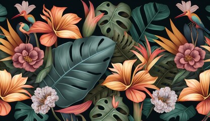 Obrazy  Tropical seamless pattern with exotic leaves, strelitzia flowers, hibiscus and plumeria. Vintage texture, floral background. Dark watercolor 3d illustration. Luxury wallpapers, tapestry, Generative AI