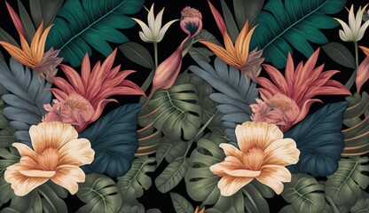 Tropical seamless pattern with exotic leaves, strelitzia flowers, hibiscus and plumeria. Vintage texture, floral background. Dark watercolor 3d illustration. Luxury wallpapers, tapestry, Generative AI