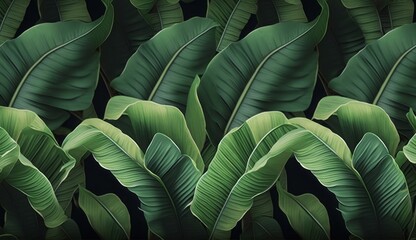 Seamless pattern with beautiful green tropical banana leaves. Hand-drawn vintage 3D illustration. Glamorous exotic abstract background. For luxury wallpapers, cloth, fabric print, goods, Generative AI - obrazy, fototapety, plakaty