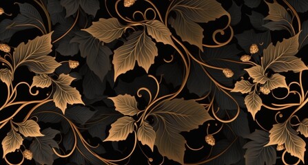 Dark golden vintage ivy leaves, beautiful delicate flowers. Floral seamless pattern. Hand-drawn premium 3D illustration. Glamorous exotic tropical background. Luxury wallpapers, cloth, Generative AI