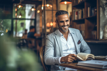 Fototapeta premium Generative AI : Single happy executive reading a letter sitting in a bar