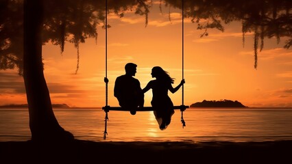 Generative AI : Single or divorced woman alone missing a boyfriend while swinging on the beach at sunset