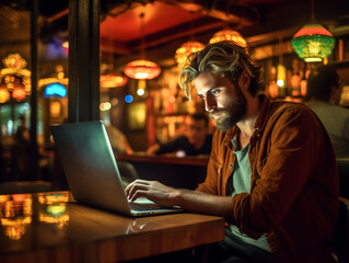Obraz premium Generative AI : Single serious and concentrated student elearning on line sitting in a bar