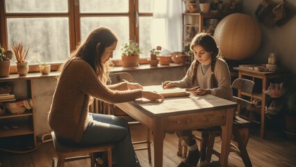 Generative AI : Student helping her frustrated friend to learn a difficult lesson on a table at home