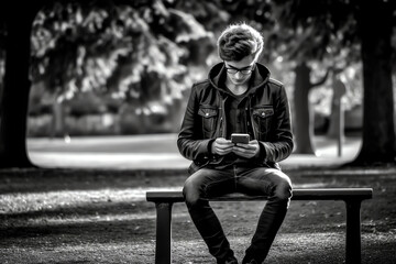 Fototapeta na wymiar Generative AI : Teen talking on mobile phone walking in a park