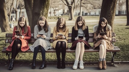 Obraz premium Generative AI : Three happy friends using multiple devices sitting on a bench in a park