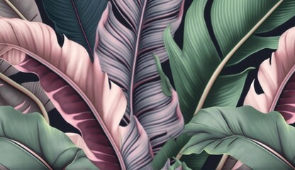 Tropical luxury exotic seamless pattern with pastel color banana leaves, palm, colocasia. Hand-drawn 3D illustration. Dark vintage glamorous design. Good for wallpapers, fabric printing, Generative AI